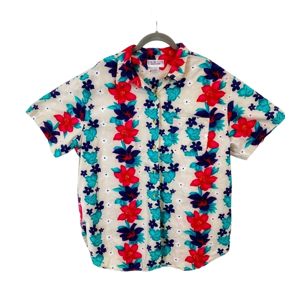 80s Volup Shirt Tropical Floral 100% Cotton Top Women Size 18 Retro Chic Granny
